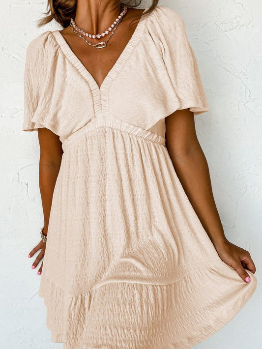 Beige Textured V-Neck Backless Mini Dress with Batwing Sleeves