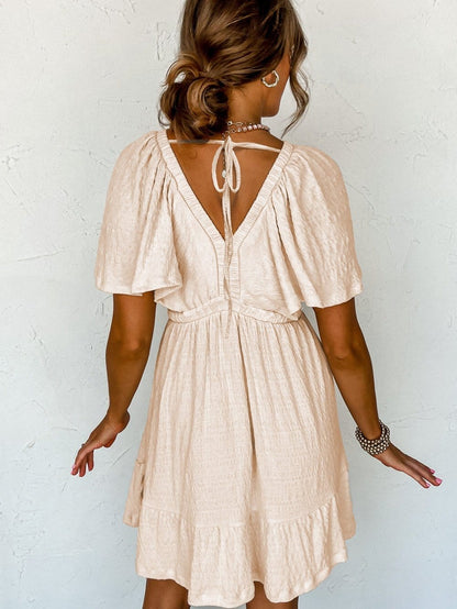 Beige Textured V-Neck Backless Mini Dress with Batwing Sleeves