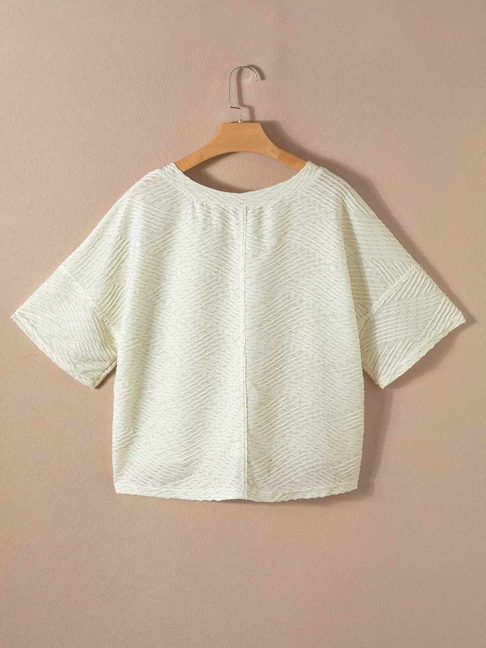 Beige Textured V Neck Split Hem Oversized Top