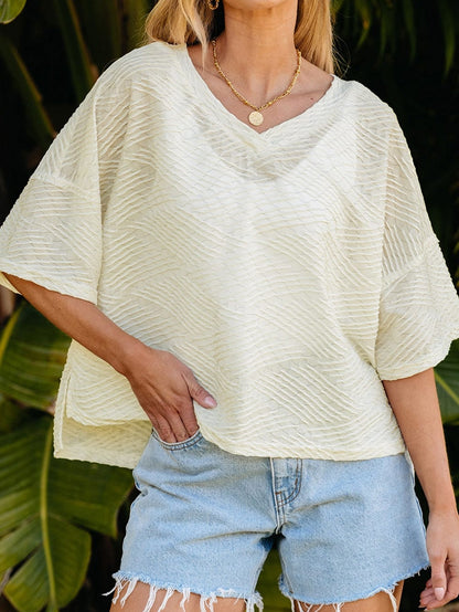 Beige Textured V Neck Split Hem Oversized Top