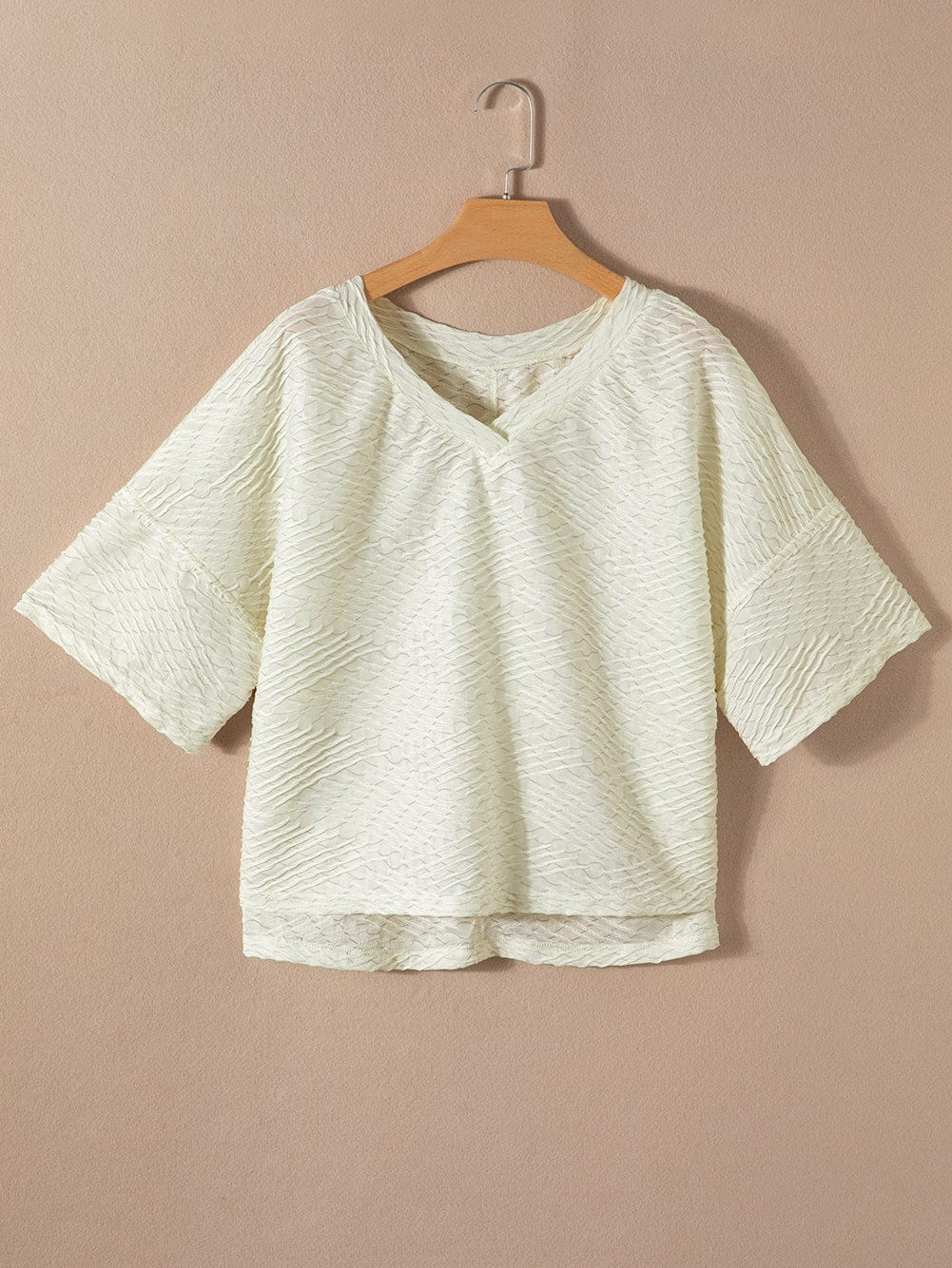 Beige Textured V Neck Split Hem Oversized Top