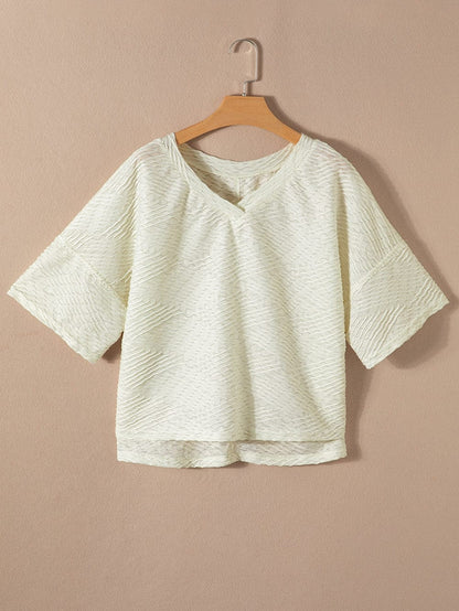Beige Textured V Neck Split Hem Oversized Top