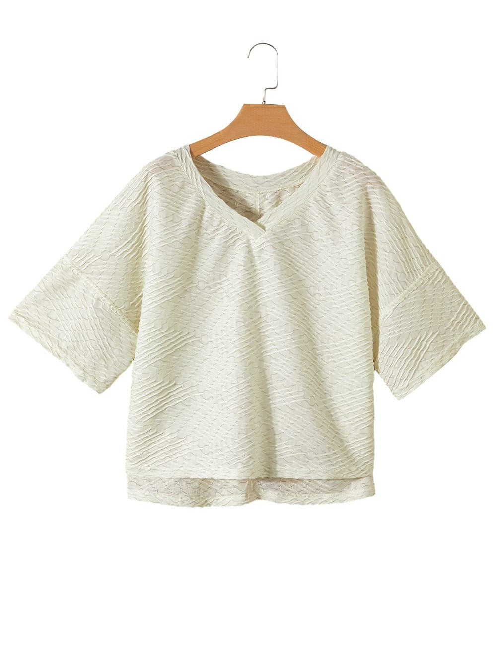 Beige Textured V Neck Split Hem Oversized Top