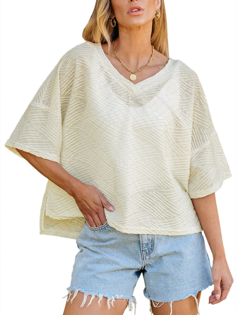 Beige Textured V Neck Split Hem Oversized Top