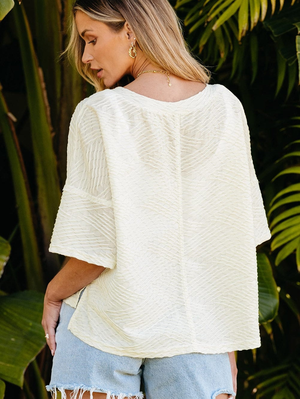 Beige Textured V Neck Split Hem Oversized Top