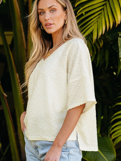 Beige Textured V Neck Split Hem Oversized Top