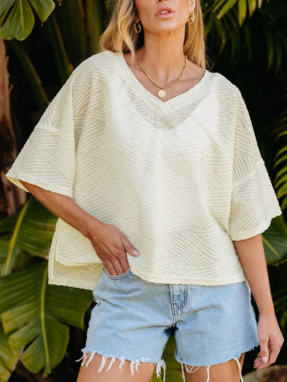 Beige Textured V Neck Split Hem Oversized Top