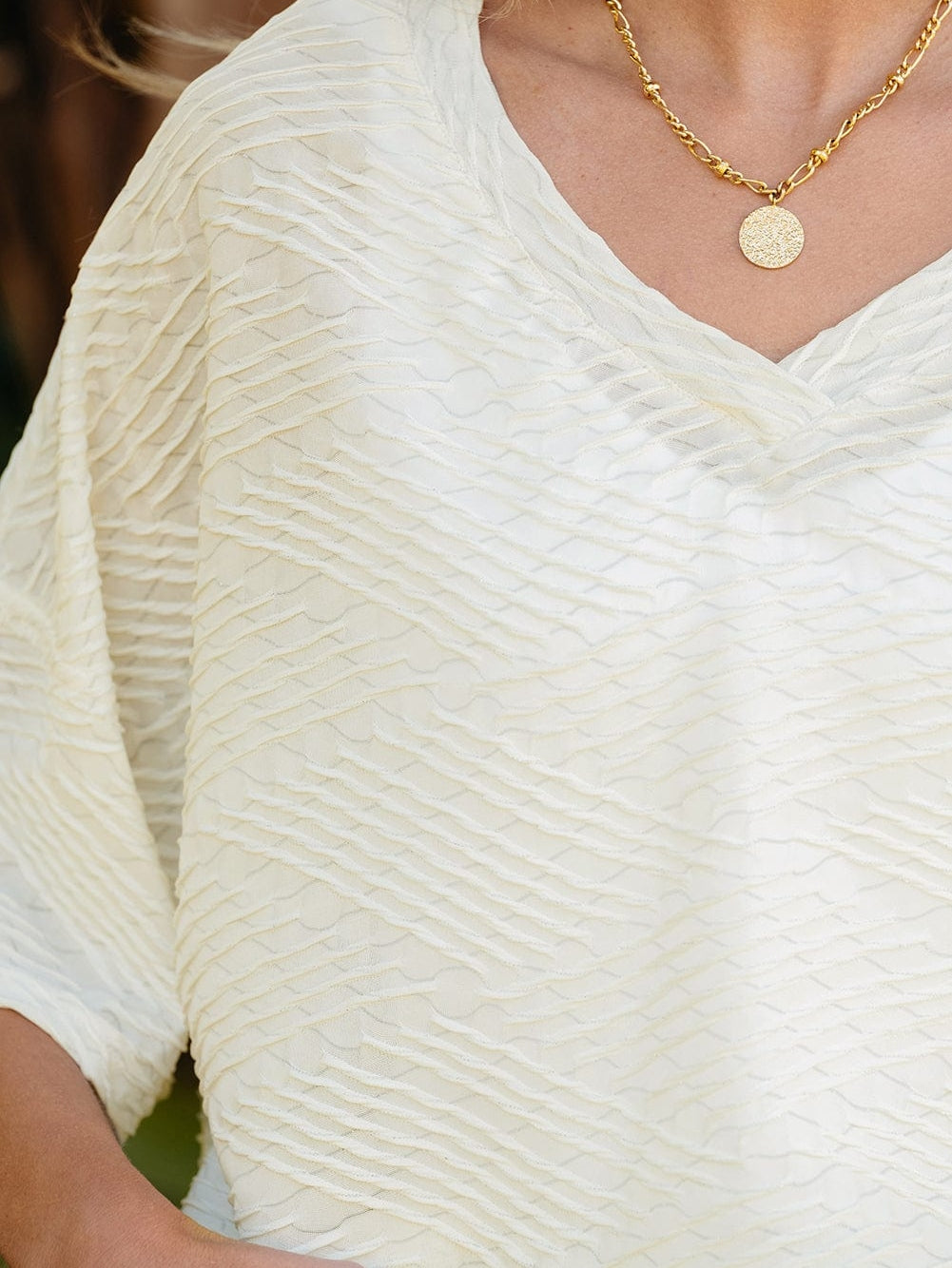 Beige Textured V Neck Split Hem Oversized Top