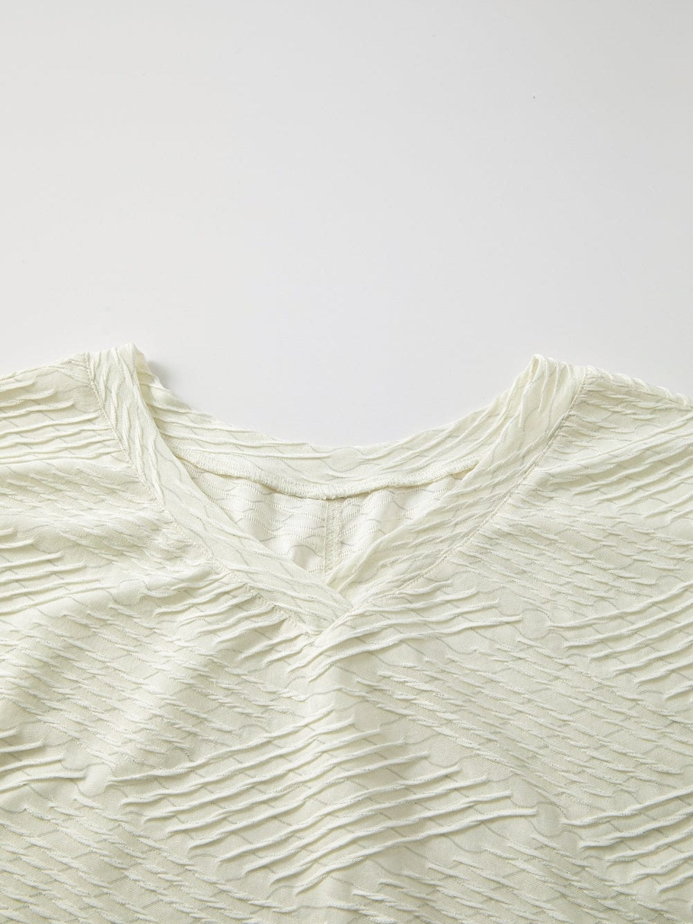 Beige Textured V Neck Split Hem Oversized Top