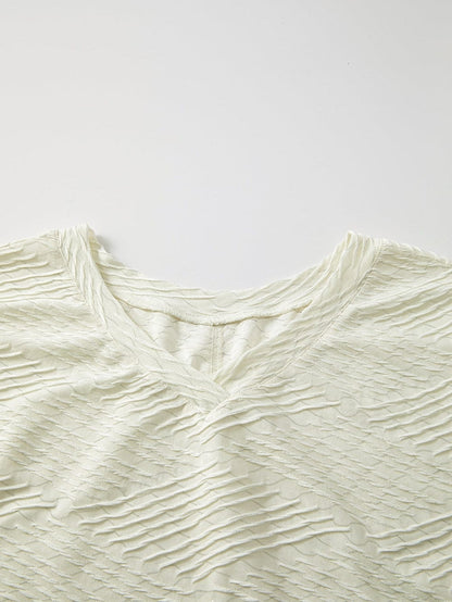 Beige Textured V Neck Split Hem Oversized Top