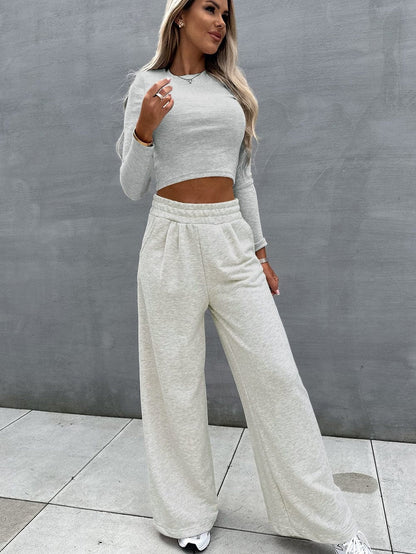 Beige Two-Piece Casual Outfit with Wide Leg Pants