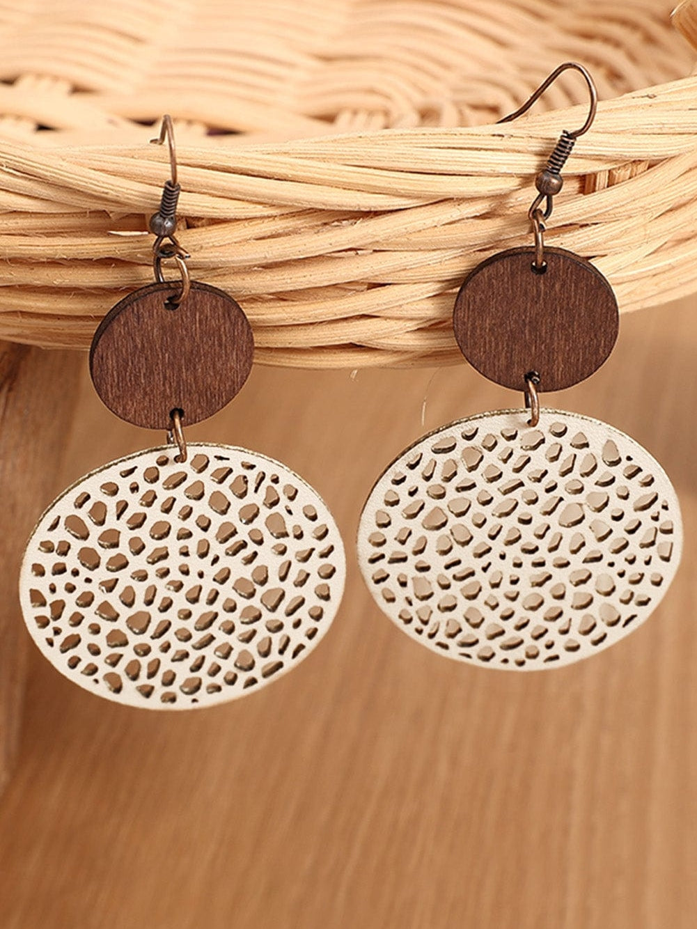 Beige Wooden Boho Round Drop Earrings