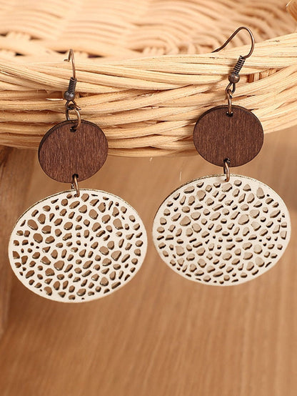 Beige Wooden Boho Round Drop Earrings