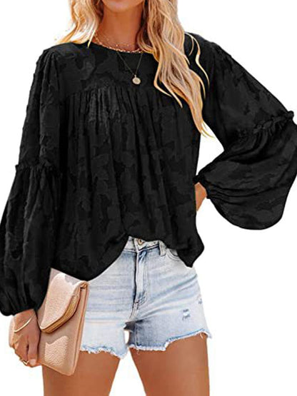Bell Sleeve Crewneck Lace Floral Textured Babydoll Blouse
