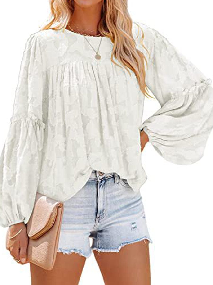 Bell Sleeve Crewneck Lace Floral Textured Babydoll Blouse