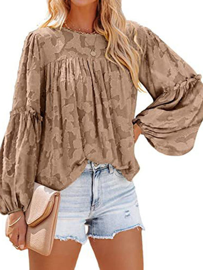 Bell Sleeve Crewneck Lace Floral Textured Babydoll Blouse