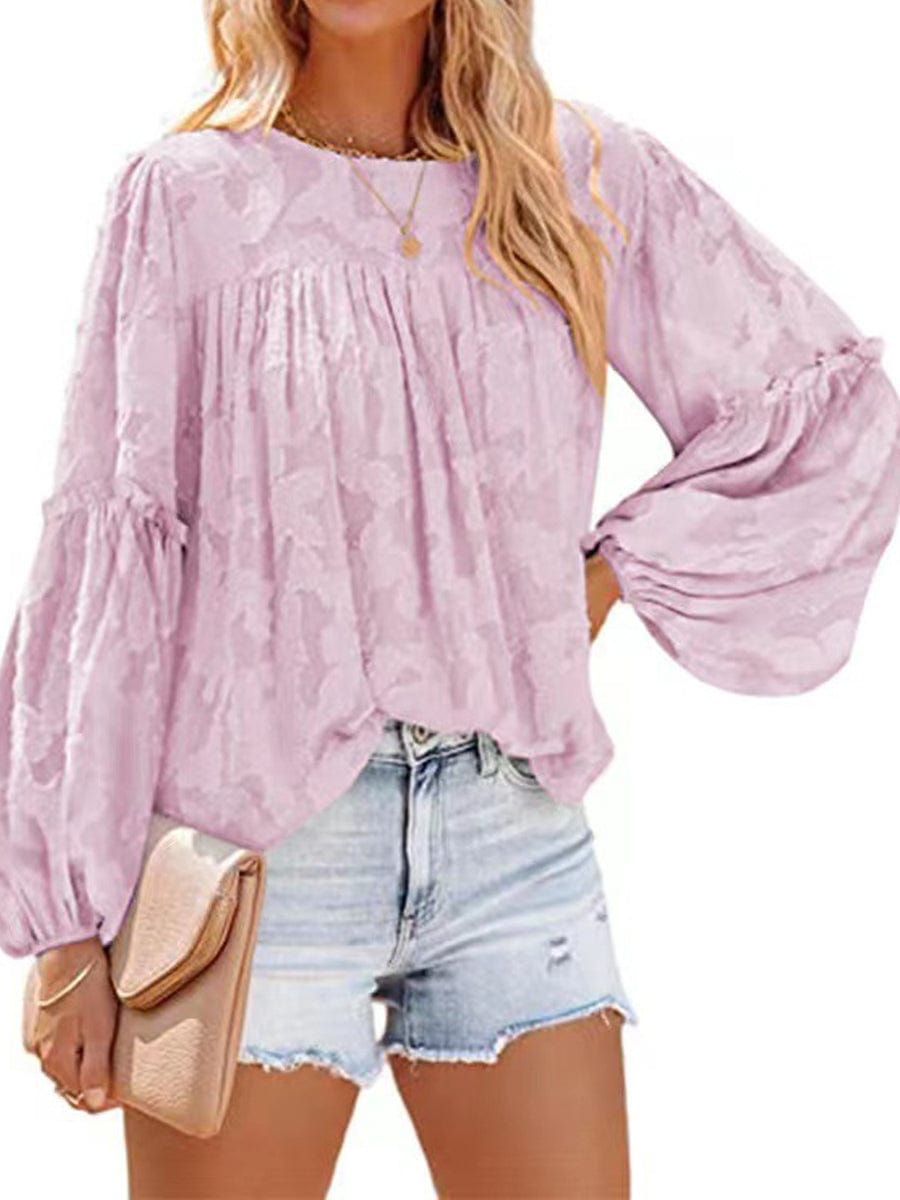 Bell Sleeve Crewneck Lace Floral Textured Babydoll Blouse