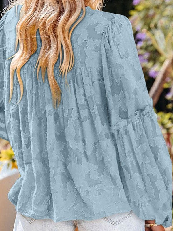 Bell Sleeve Crewneck Lace Floral Textured Babydoll Blouse