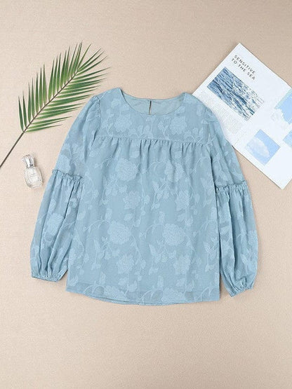 Bell Sleeve Crewneck Lace Floral Textured Babydoll Blouse