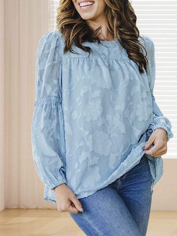 Bell Sleeve Crewneck Lace Floral Textured Babydoll Blouse