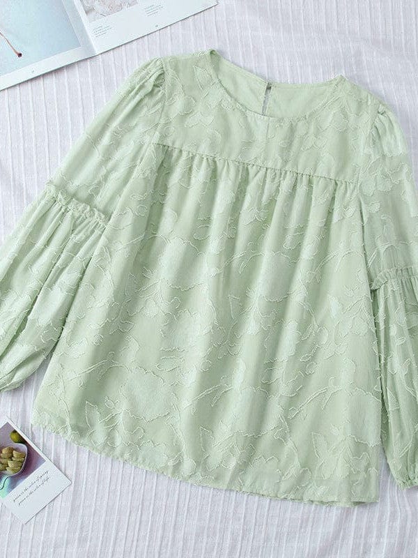 Bell Sleeve Crewneck Lace Floral Textured Babydoll Blouse