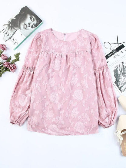 Bell Sleeve Crewneck Lace Floral Textured Babydoll Blouse