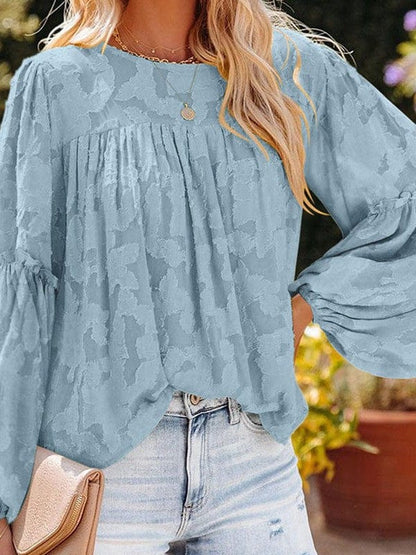 Bell Sleeve Crewneck Lace Floral Textured Babydoll Blouse