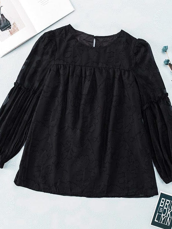 Bell Sleeve Crewneck Lace Floral Textured Babydoll Blouse