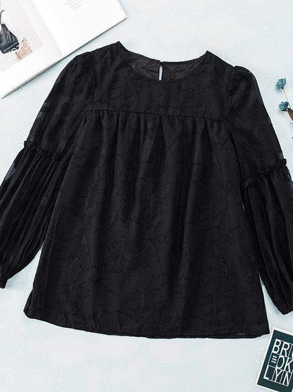 Bell Sleeve Crewneck Lace Floral Textured Babydoll Blouse