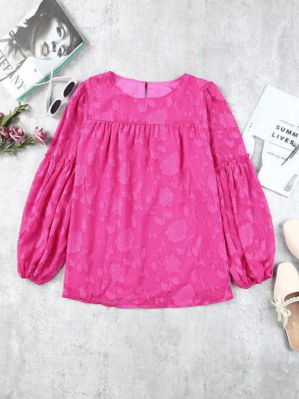 Bell Sleeve Crewneck Lace Floral Textured Babydoll Blouse