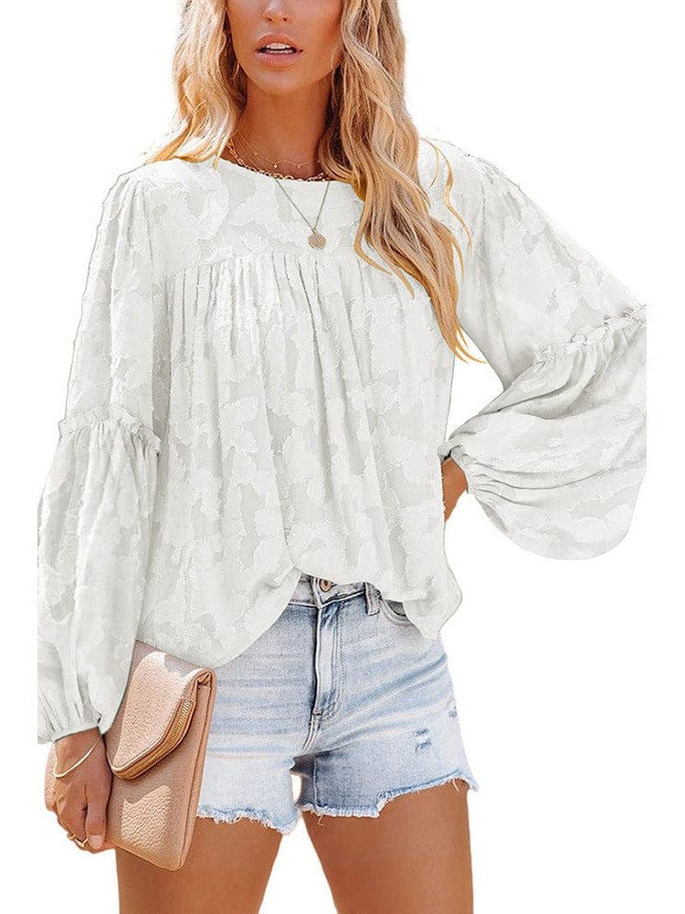 Bell Sleeve Crewneck Lace Floral Textured Babydoll Blouse