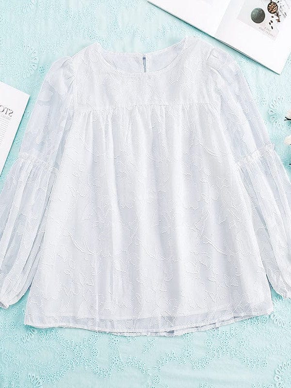 Bell Sleeve Crewneck Lace Floral Textured Babydoll Blouse