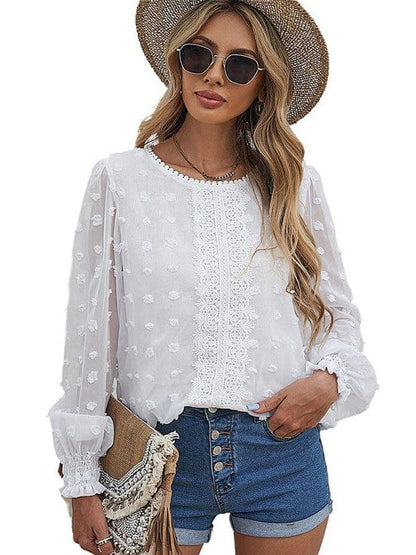 Bell Sleeve Crewneck Lace Floral Textured Babydoll Blouse