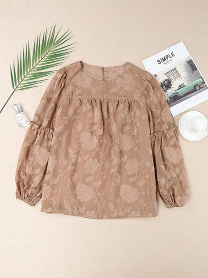 Bell Sleeve Crewneck Lace Floral Textured Babydoll Blouse