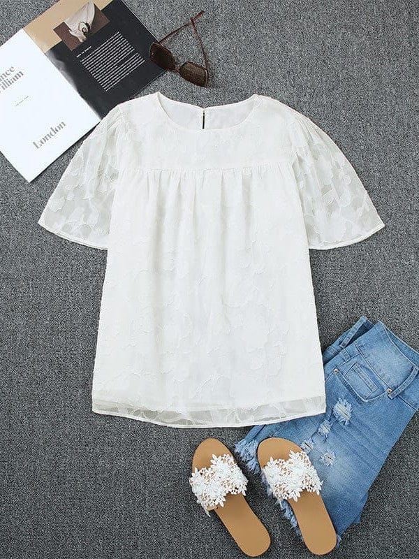 Bell Sleeve Crewneck Lace Floral Textured Babydoll Blouse