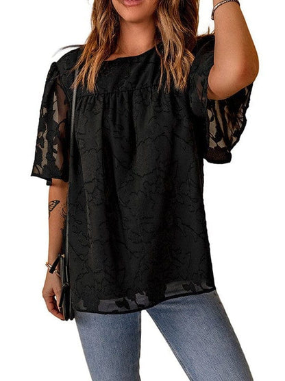 Bell Sleeve Crewneck Lace Floral Textured Babydoll Blouse