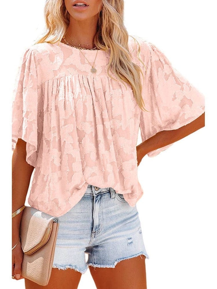 Bell Sleeve Crewneck Lace Floral Textured Babydoll Blouse