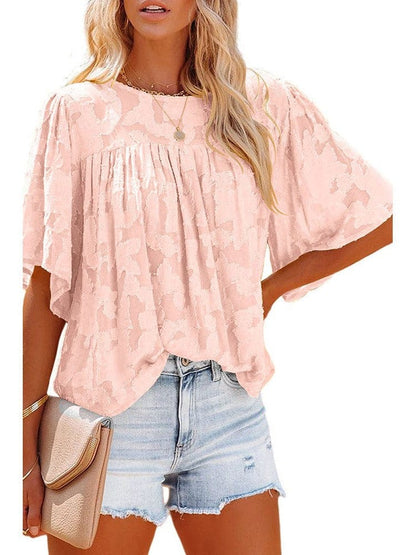 Bell Sleeve Crewneck Lace Floral Textured Babydoll Blouse