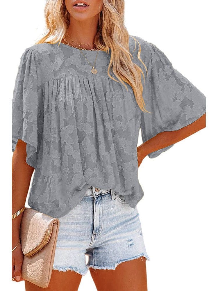 Bell Sleeve Crewneck Lace Floral Textured Babydoll Blouse