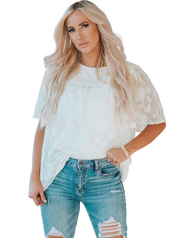 Bell Sleeve Crewneck Lace Floral Textured Babydoll Blouse