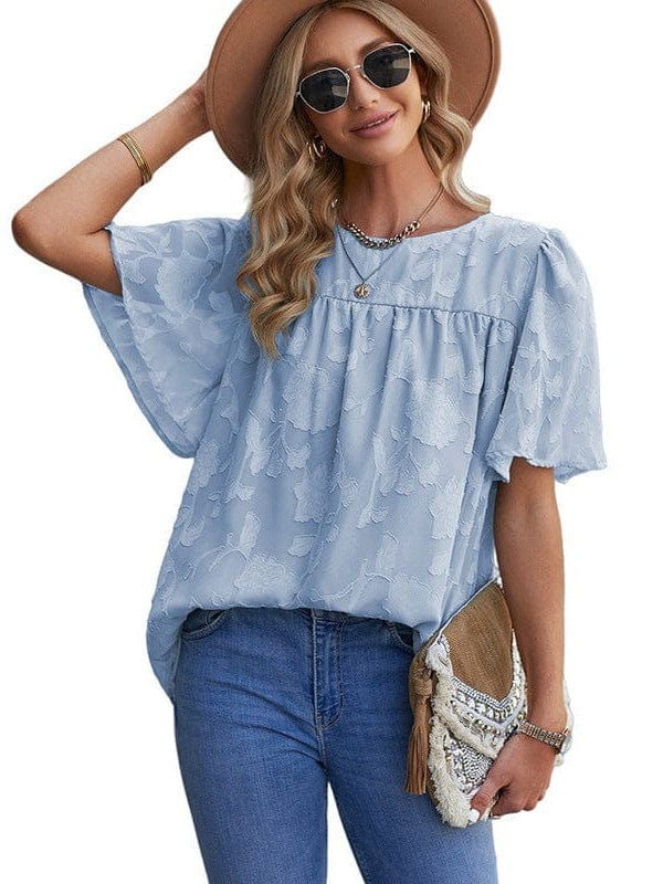 Bell Sleeve Crewneck Lace Floral Textured Babydoll Blouse