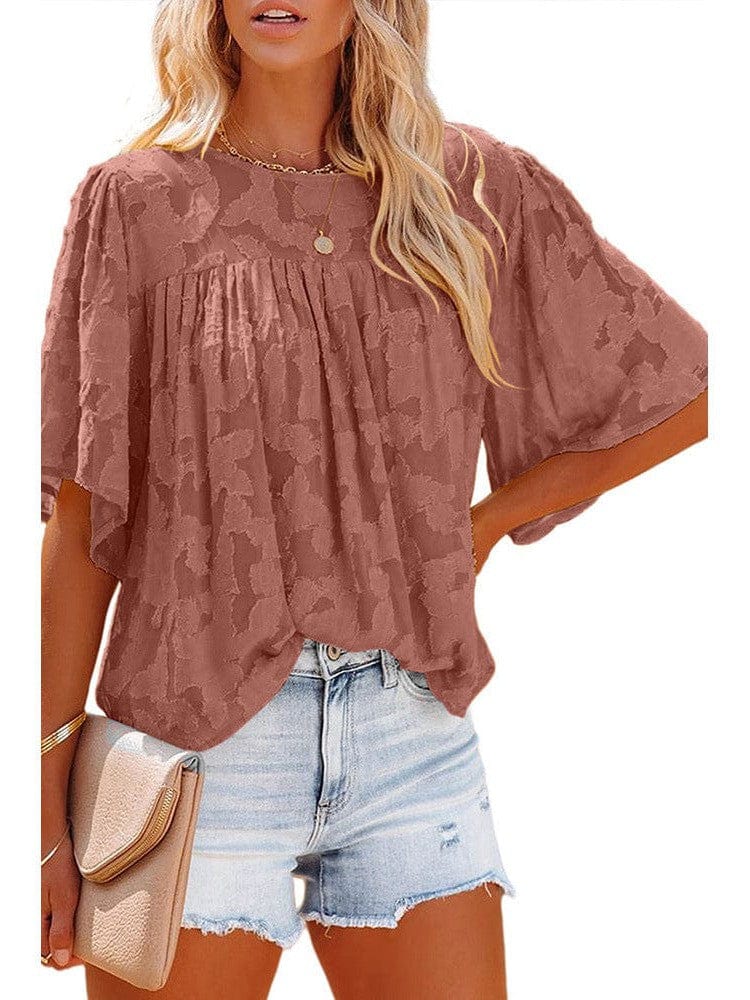 Bell Sleeve Crewneck Lace Floral Textured Babydoll Blouse