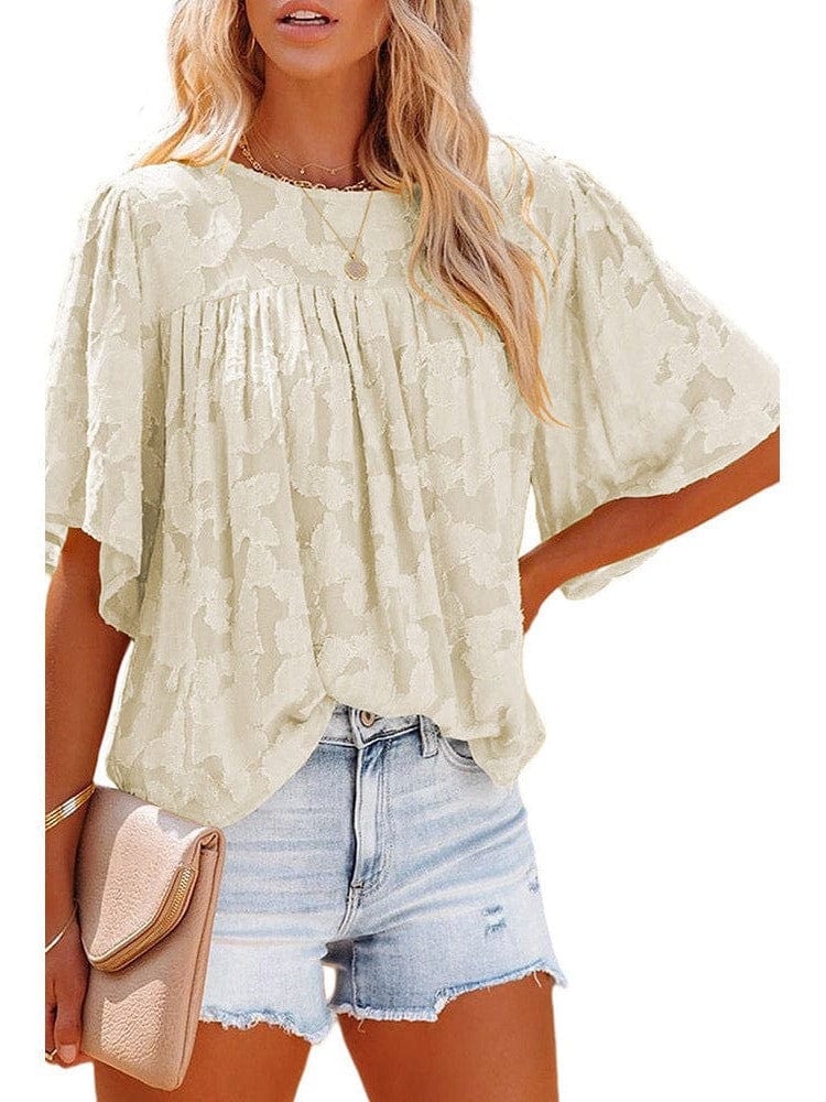Bell Sleeve Crewneck Lace Floral Textured Babydoll Blouse