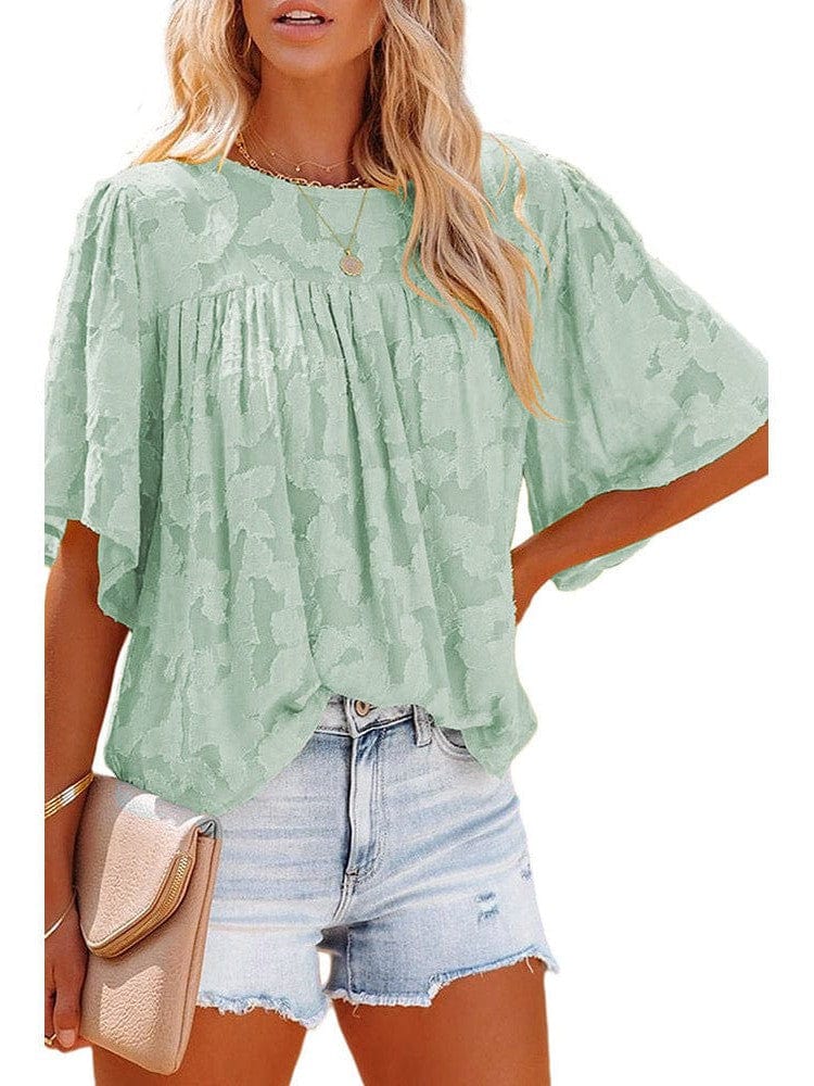 Bell Sleeve Crewneck Lace Floral Textured Babydoll Blouse
