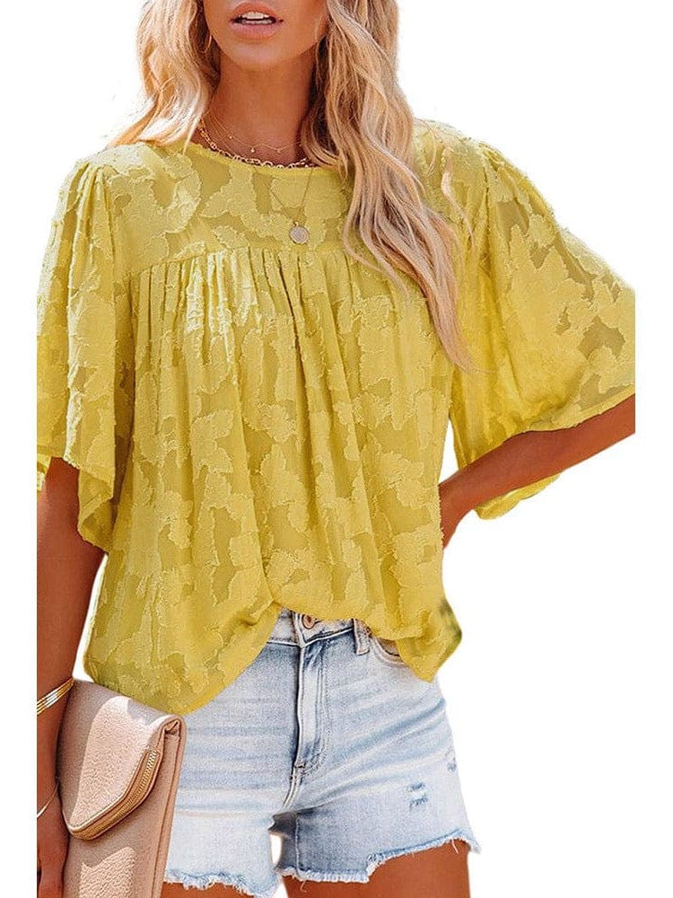Bell Sleeve Crewneck Lace Floral Textured Babydoll Blouse