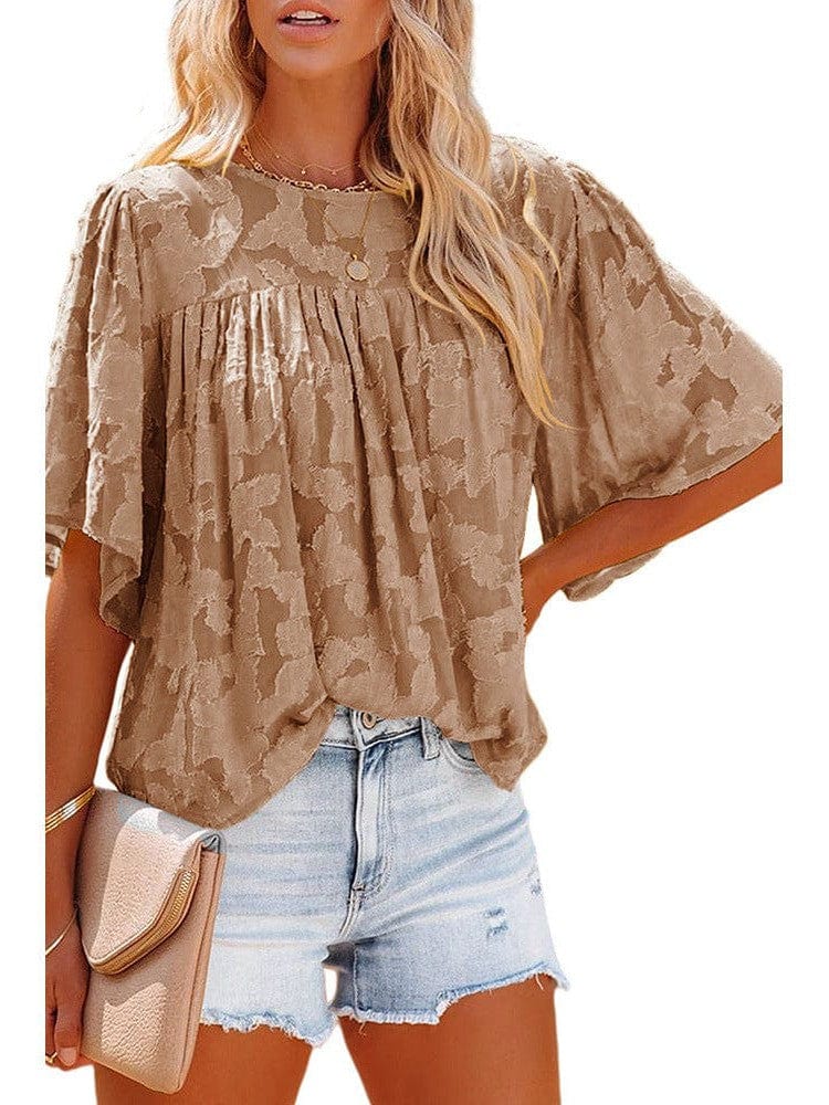 Bell Sleeve Crewneck Lace Floral Textured Babydoll Blouse