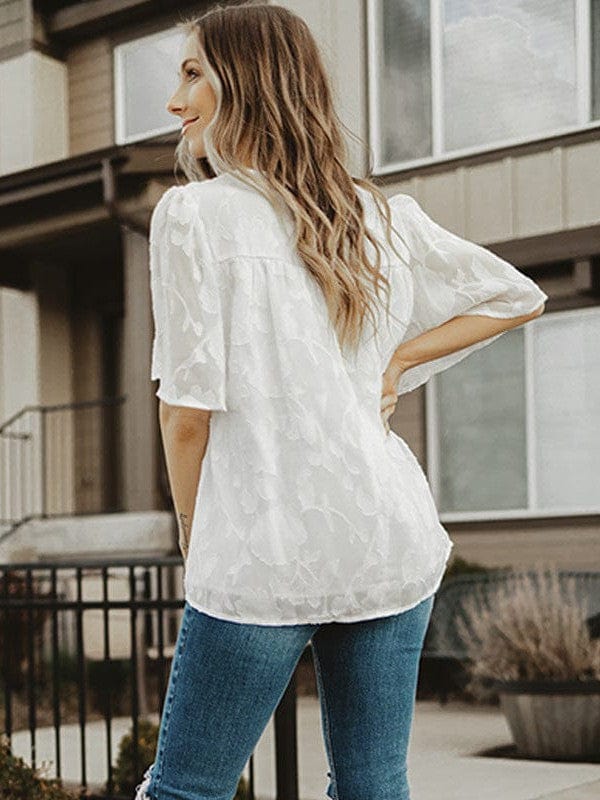 Bell Sleeve Crewneck Lace Floral Textured Babydoll Blouse