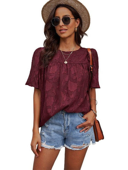 Bell Sleeve Crewneck Lace Floral Textured Babydoll Blouse