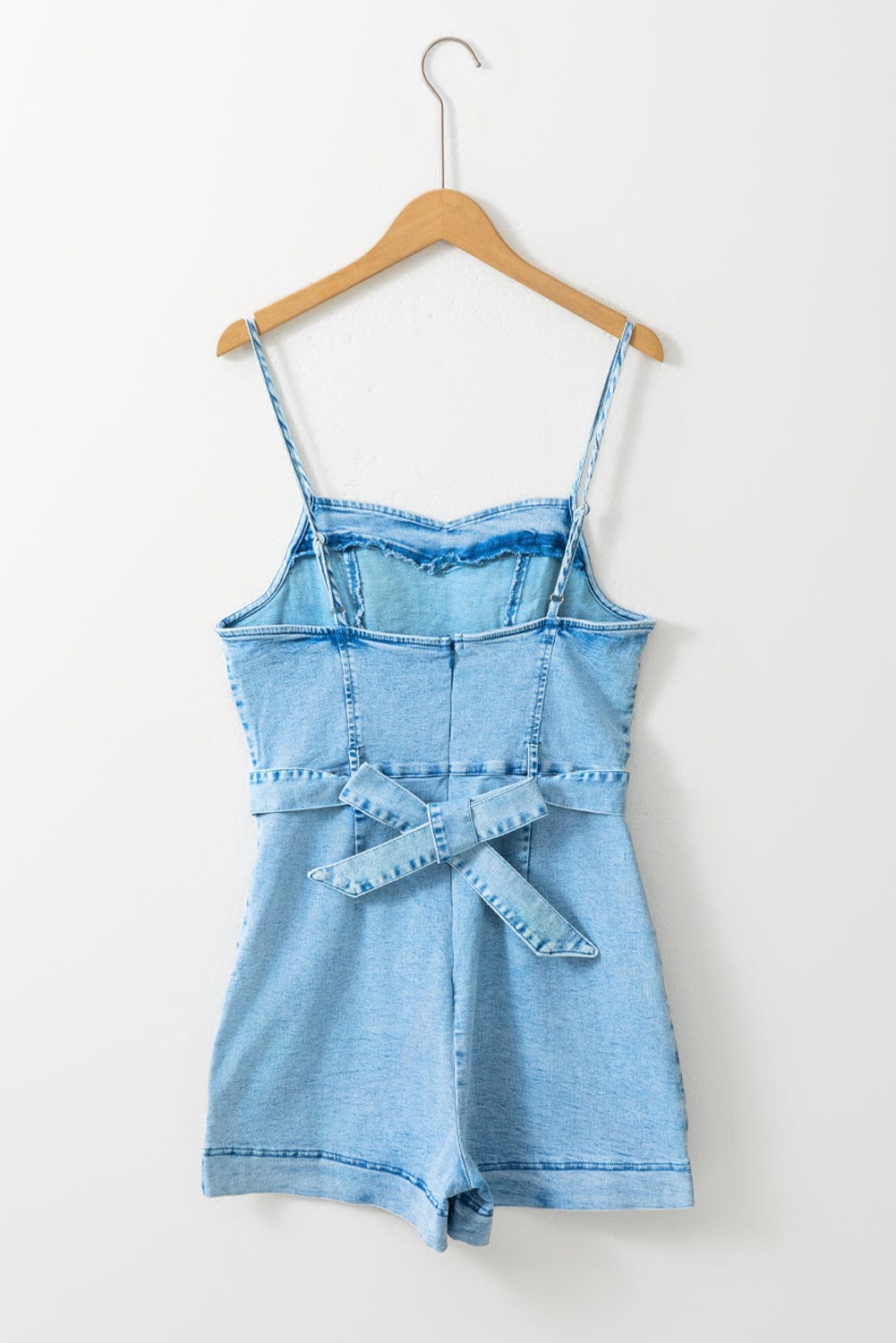 Belle Blue Denim Romper with Spaghetti Straps and Belt