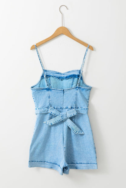 Belle Blue Denim Romper with Spaghetti Straps and Belt